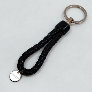Authentic Bottega Veneta Black Braided Leather Keyring with Silver-Tone Ring